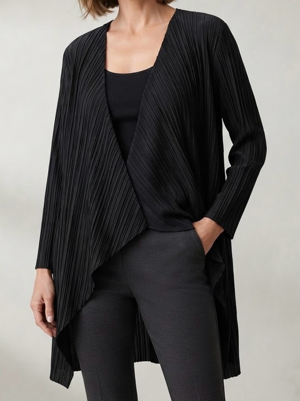 Chico's Black Pleated Open Front Topper Cardigan Size 2 / L